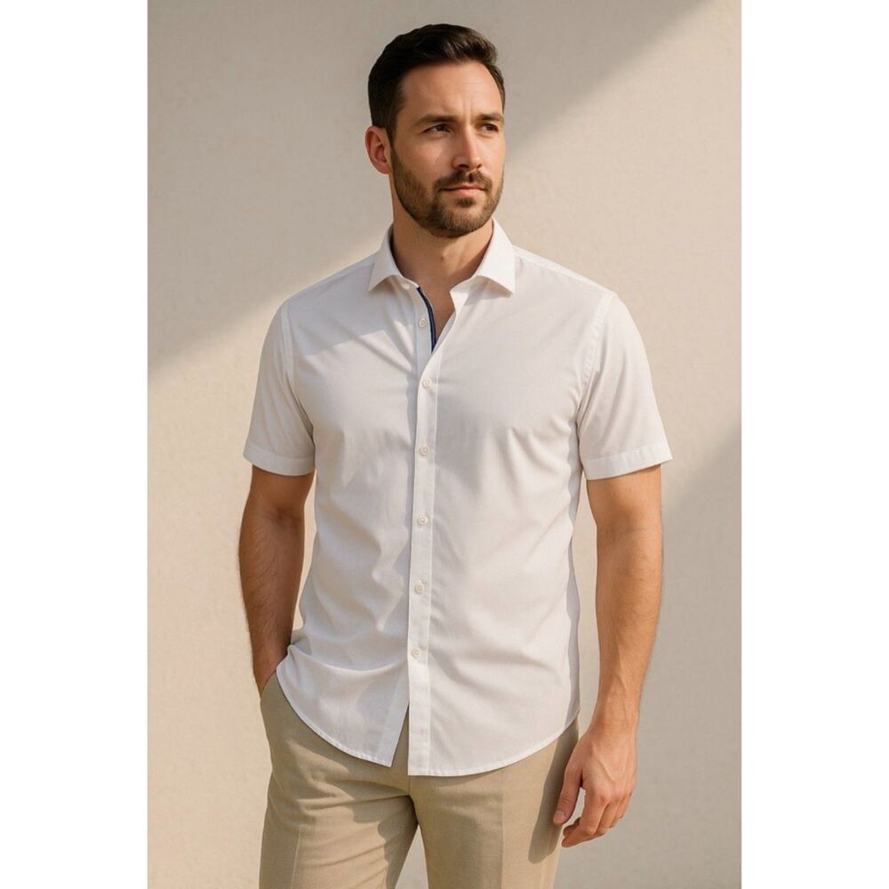 Bugatchi White Short-Sleeve Button-Up Shirt Shaped Fit 100% Cotton Luxury Size L
